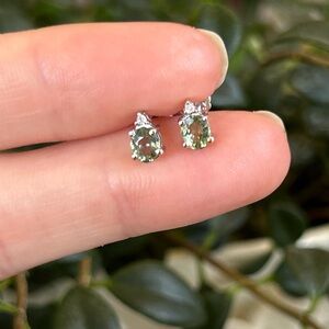 Sterling Silver and Natural Green Sapphire Studs with Natural Diamonds